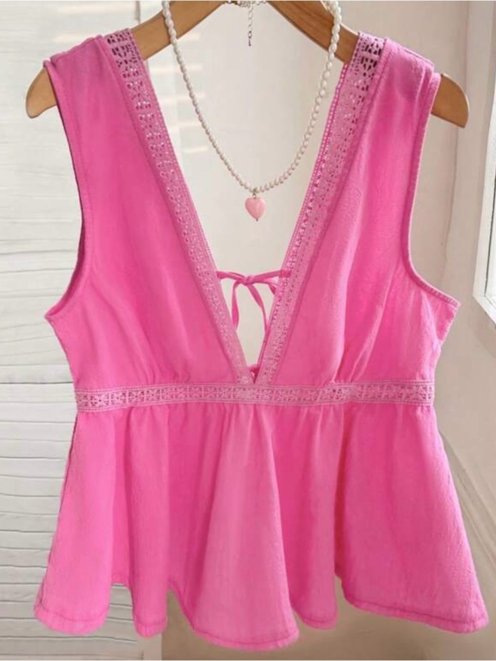 SHEIN Hot Pink Cotton Lace-Trim Tank Top